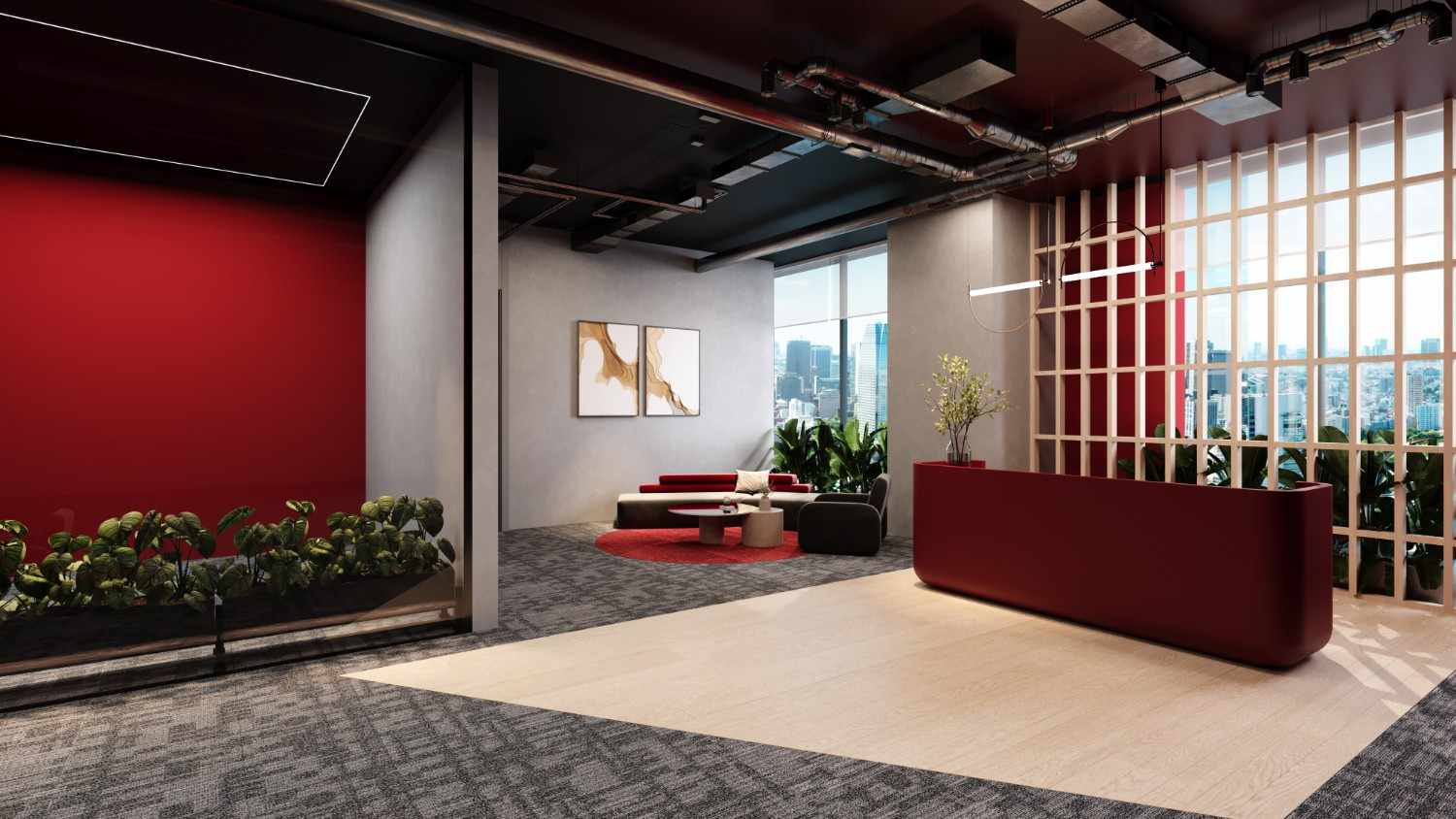 Modern office reception area featuring a red accent wall, stylish seating, and a sleek reception desk, showcasing Hausfit's innovative design solutions for office renovations in Dubai.