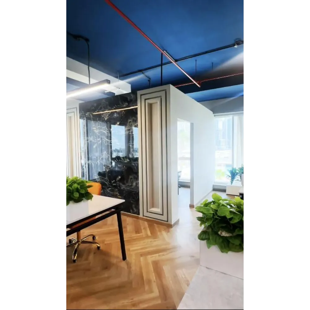 Modern office interior featuring a stylish gypsum partition, decorative accents, and a sleek marble wall design, emphasizing a sophisticated and functional workspace transformation by Hausfit.