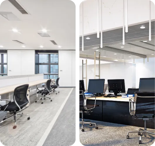 Modern office interior showcasing a renovated workspace with sleek desks, ergonomic chairs, and contemporary design elements, highlighting an efficient and inspiring environment for productivity.
